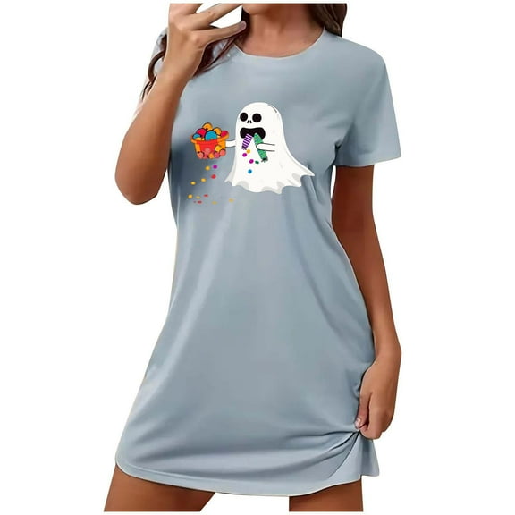 FDGIU Women's Cute Pajama Dress - Funny Printed Sleepshirt Short Sleeve, Loose Fit Nightgown & Loungewear