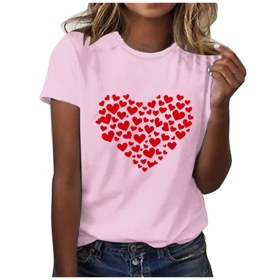 FDGIU Women's Cute Valentine Tunic Top - Short Sleeve Funny Heart Print Crewneck Soft Everyday Tee