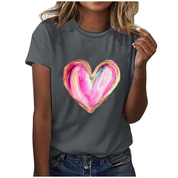 FDGIU Women's Cute Valentine Tunic Top - Short Sleeve Funny Heart Print Crewneck Soft Everyday Tee