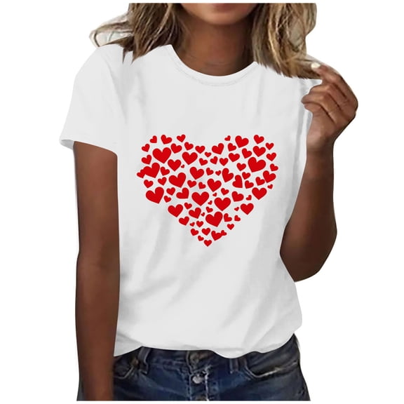 FDGIU Women's Cute Valentine Tunic Top - Short Sleeve Funny Heart Print Crewneck Soft Everyday Tee