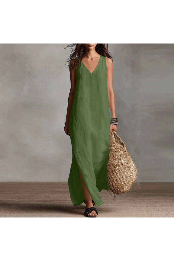 Women's Daily Wear Linen Dress, Sleeveless V Neck Loose Flowy Maxi Summer Dress
