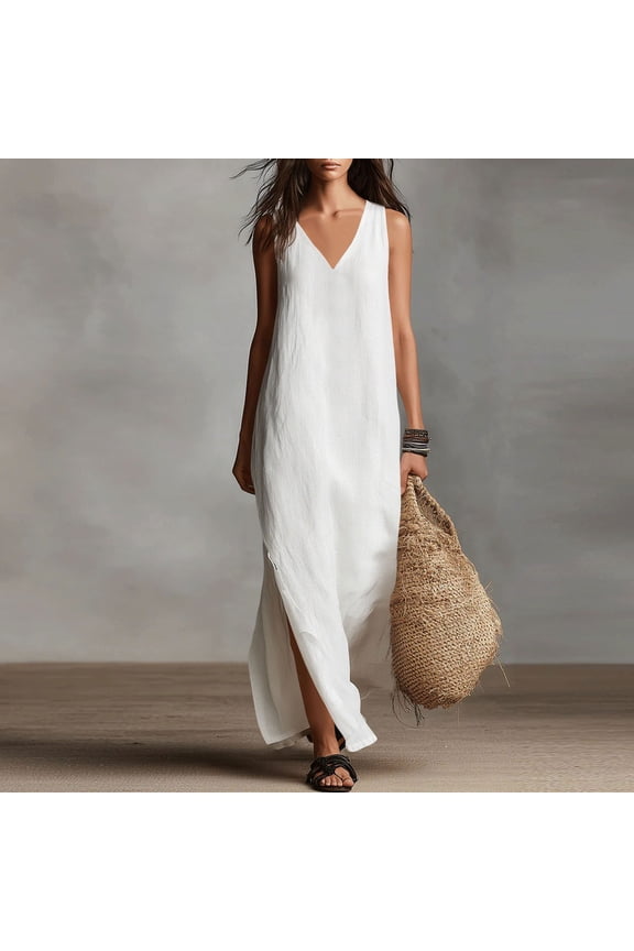 Women's Daily Wear Linen Dress, Sleeveless V Neck Loose Flowy Maxi Summer Dress