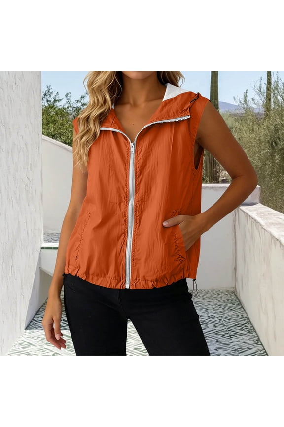 Women's Drawstring Hem Hooded Zip Up Sleeveless Wind Vest, Lightweight Cropped Waistcoat with Side Pockets for Spring Summer Outdoor Sports Casual Layering