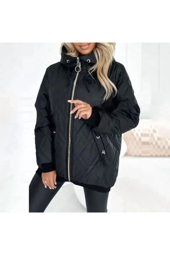 Women's Drawstring Hooded Quilted Jacket, Rib Cuff Mid Length Full Zip Lightweight Padded Coat with Zipper Side Pockets for Fall Winter Outdoor Daily Layering