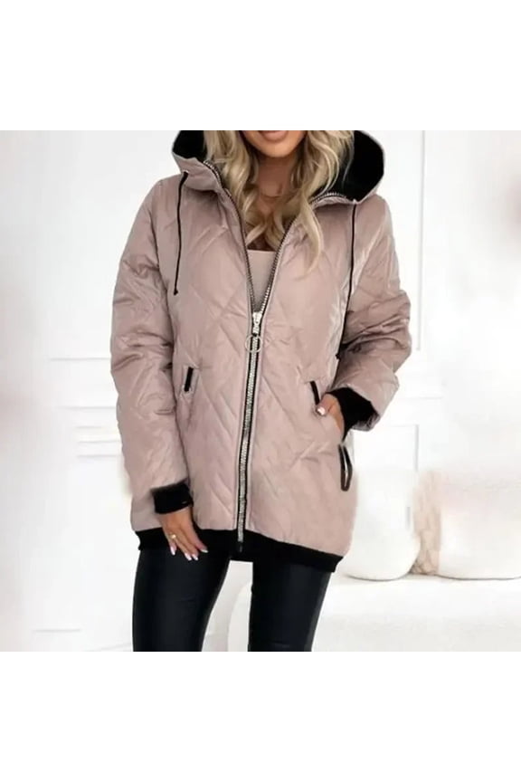 Women's Drawstring Hooded Quilted Jacket, Rib Cuff Mid Length Full Zip Lightweight Padded Coat with Zipper Side Pockets for Fall Winter Outdoor Daily Layering