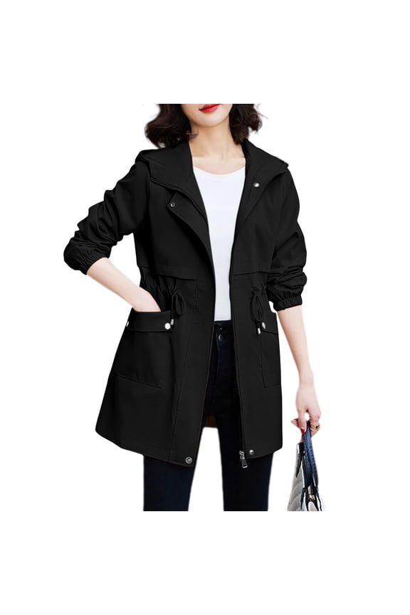 Women's Drawstring Waist Hooded Mid Length Windbreaker Jacket, Elastic Cuff Full Zip Lightweight Outdoor Trench Coat with Flap Pockets for 2026 Spring Fall Daily Hiking Layering