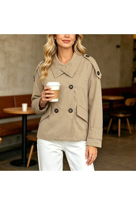 Women's Epaulet Double Breasted Cropped Trench Jacket, Cuff Strap Long Sleeve Lightweight Wind Coat with Flap Pocket for Spring Fall Office Daily Layering