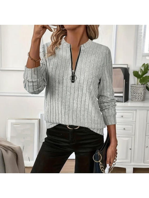 Women's Fall Winter Ribbed Knit Tunic Sweater - Long Sleeve Crewneck Casual Pullover
