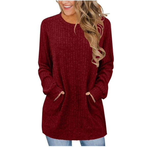 FDGIU Women's Fall Winter Ribbed Knit Tunic Sweater - Long Sleeve Crewneck Casual Pullover
