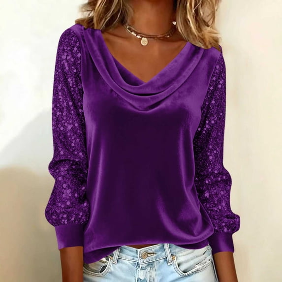 FDGIU Women's Fall Winter Velour Blouse - Cowl Neck Ruched Drape Slim Fit Long Sleeve Pullover Top for Holiday Party