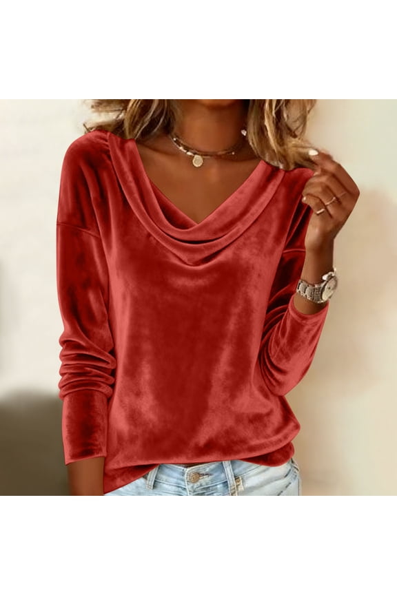 Women's Fall Winter Velour Blouse - Cowl Neck Ruched Drape Slim Fit Long Sleeve Pullover Top for Holiday Party
