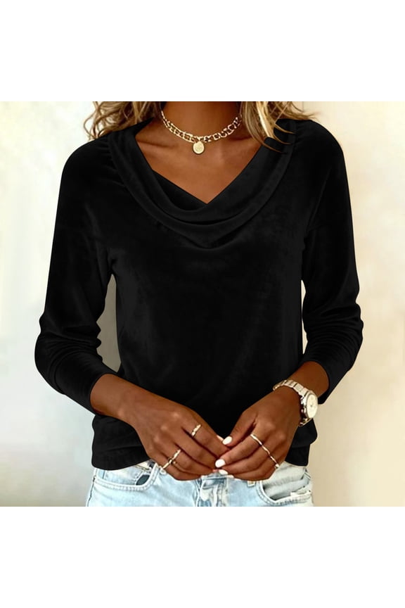Women's Fall Winter Velour Blouse - Cowl Neck Ruched Drape Slim Fit Long Sleeve Pullover Top for Holiday Party