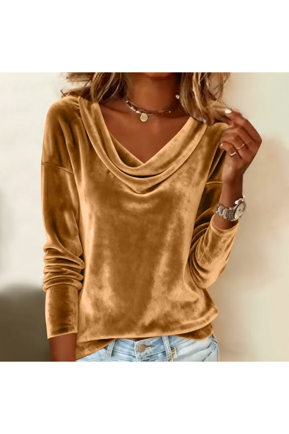 Women's Fall Winter Velour Blouse - Cowl Neck Ruched Drape Slim Fit Long Sleeve Pullover Top for Holiday Party