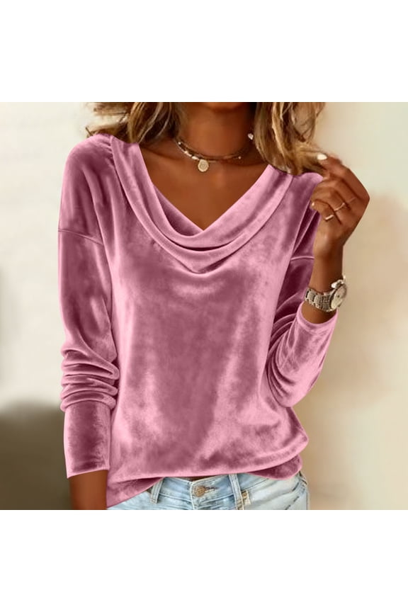 Women's Fall Winter Velour Blouse - Cowl Neck Ruched Drape Slim Fit Long Sleeve Pullover Top for Holiday Party