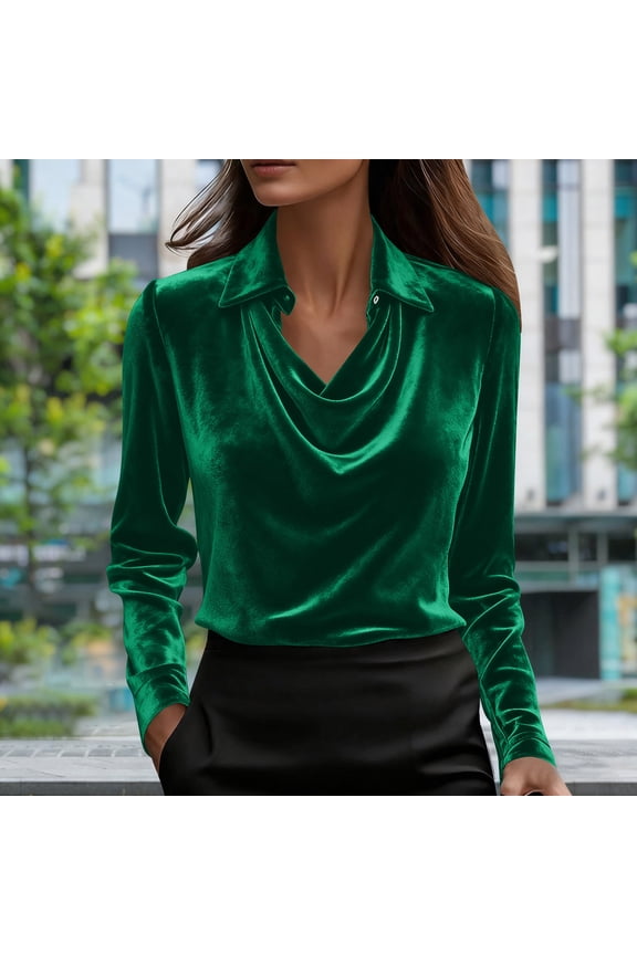 Women's Fall Winter Velour Blouse - Cowl Neck Ruched Drape Slim Fit Long Sleeve Pullover Top for Holiday Party