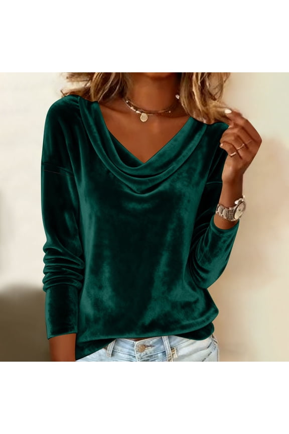 Women's Fall Winter Velour Blouse - Cowl Neck Ruched Drape Slim Fit Long Sleeve Pullover Top for Holiday Party