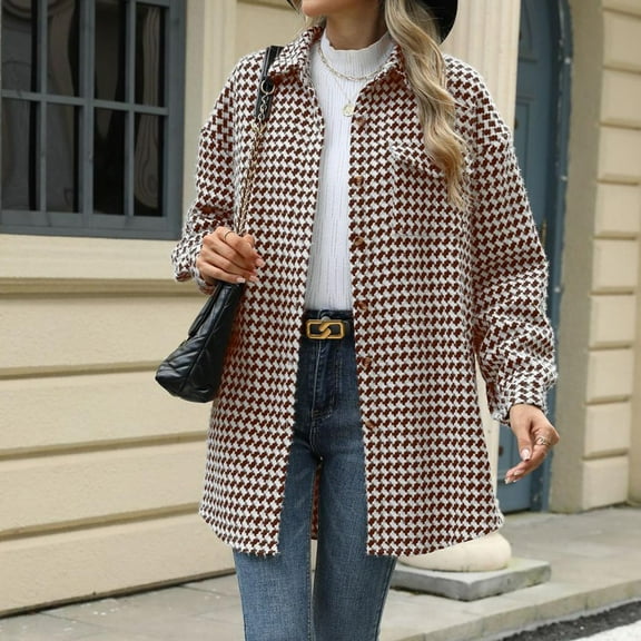 FDGIU Women's Flannel Shacket - Fleece Lined Hooded Jacket, Casual Long Sleeve Loose Fit Plaid Outerwear for Fall Winter Fashion