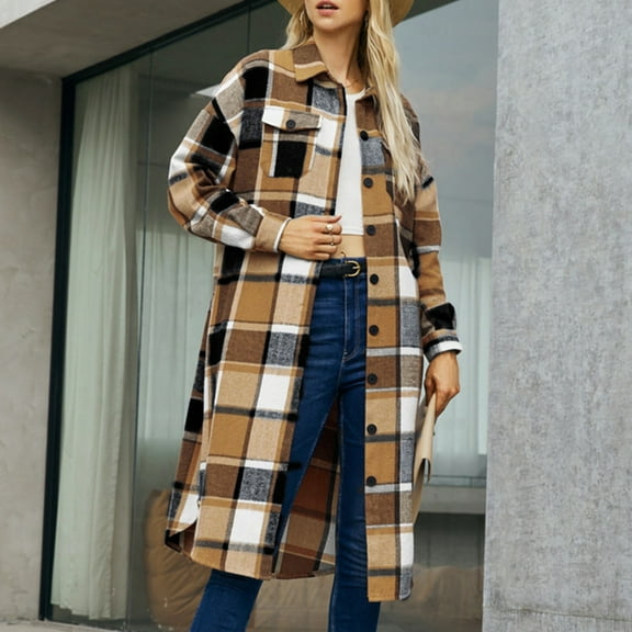 FDGIU Women's Flannel Shacket - Fleece Lined Hooded Jacket, Casual Long Sleeve Loose Fit Plaid Outerwear for Fall Winter Fashion