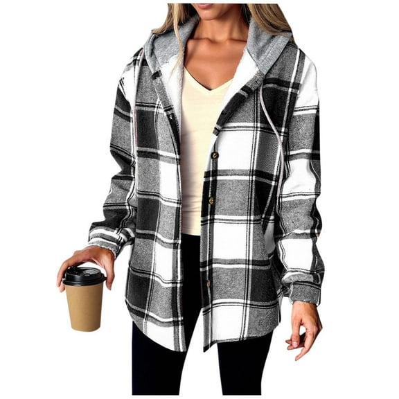 FDGIU Women's Flannel Shacket - Fleece Lined Hooded Jacket, Casual Long Sleeve Loose Fit Plaid Outerwear for Fall Winter Fashion