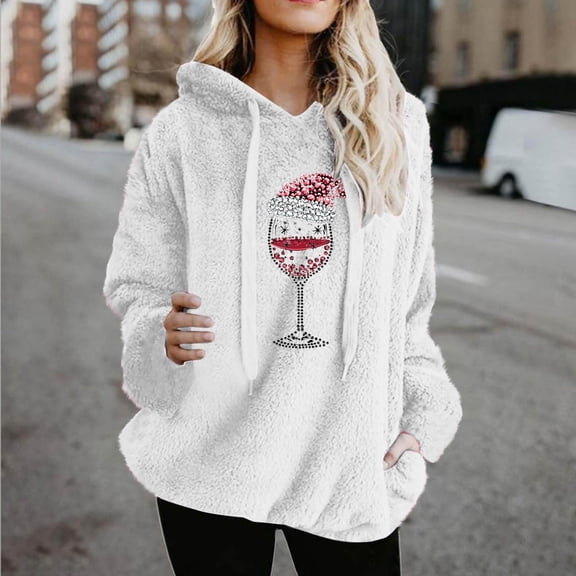 FDGIU Women's Fleece Lined Hoodie - Oversized 2025 Christmas Sweatshirt with Wine Glass & Snowflake Prints, Soft Long Sleeve Hooded Winter Jacket for Fall Outfits