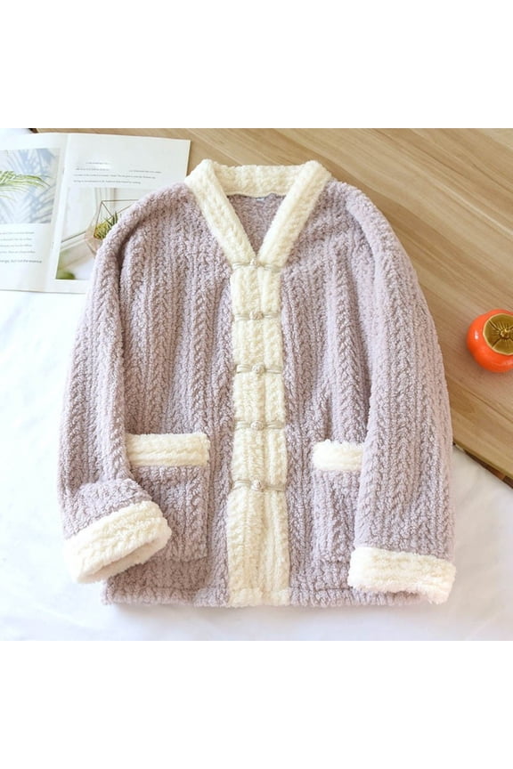 Women's Fleece Pajama Jacket, Oversized V-Neck Cardigan Coat with Pockets, Cozy Winter Sleepwear & Loungewear