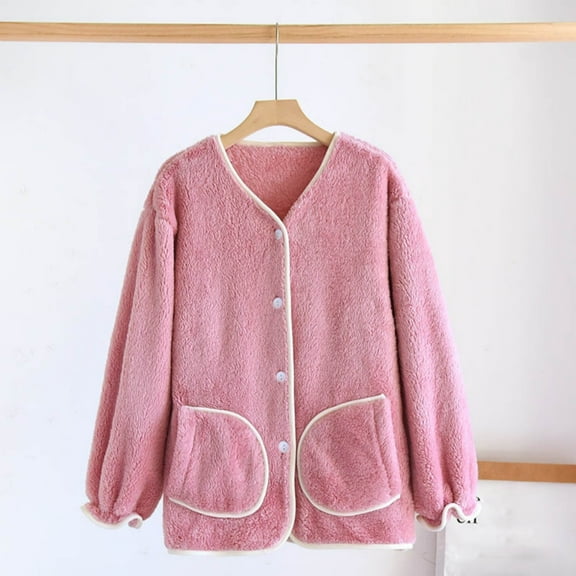 FDGIU Women's Fleece Pajama Jacket‌, Oversized V-Neck Cardigan Coat with Pockets, Cozy Winter Sleepwear & Loungewear