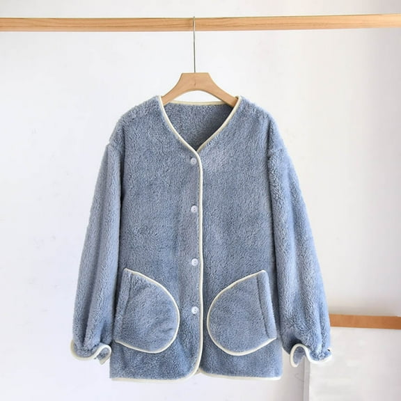 FDGIU Women's Fleece Pajama Jacket‌, Oversized V-Neck Cardigan Coat with Pockets, Cozy Winter Sleepwear & Loungewear