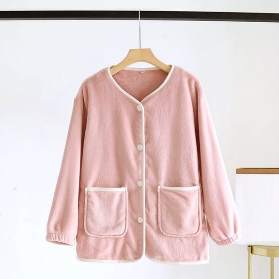 FDGIU Women's Fleece Pajama Jacket‌, Oversized V-Neck Cardigan Coat with Pockets, Cozy Winter Sleepwear & Loungewear