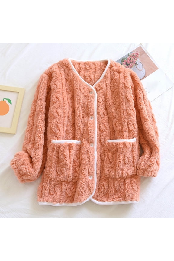 Women's Fleece Pajama Jacket, Oversized V-Neck Cardigan Coat with Pockets, Cozy Winter Sleepwear & Loungewear