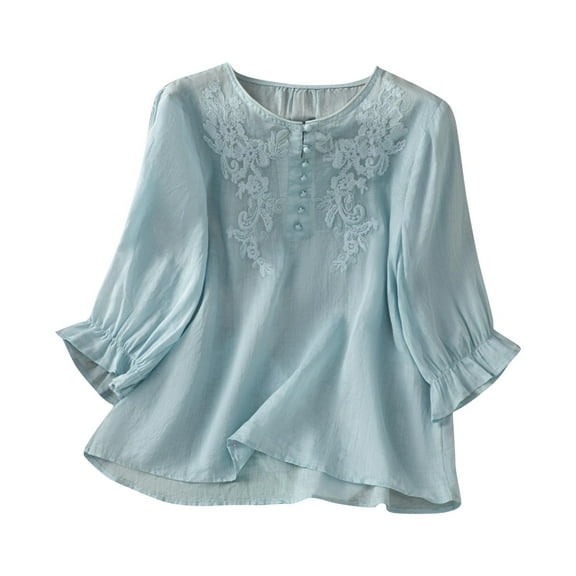 FDGIU Women's Floral Casual Shirt - Soft 3/4 Sleeve Crew Neck Tee Year-Round Breathable