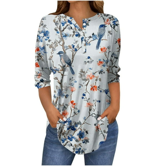 FDGIU Women's Floral Casual Shirt - Soft 3/4 Sleeve Crew Neck Tee Year-Round Breathable
