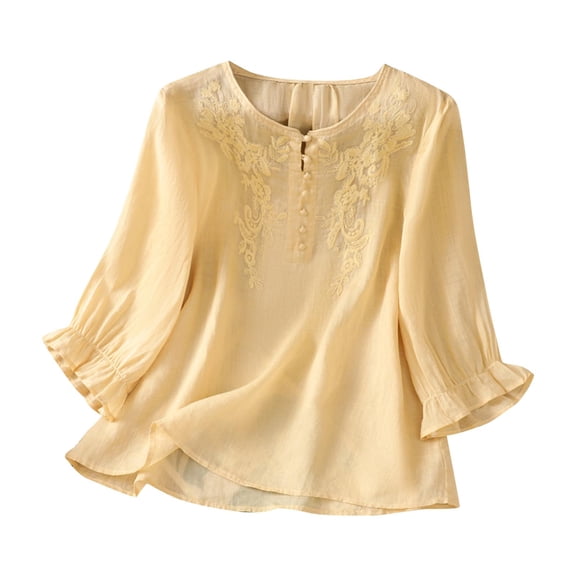 FDGIU Women's Floral Casual Shirt - Soft 3/4 Sleeve Crew Neck Tee Year-Round Breathable