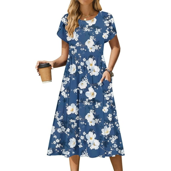 FDGIU Women's Floral T-Shirt Dress - Loose Mini Sundress with Pockets, Ideal Beach Cover Up for Summer