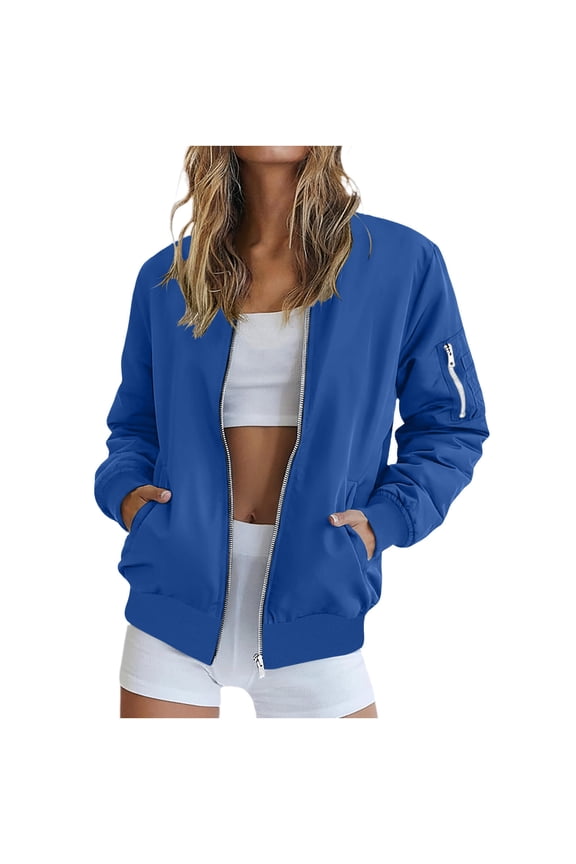 Women's Full Zip Lightweight Jacket, Rib Cuff Long Sleeve Casual Coat with Arm Zipper Pocket for Spring Fall Daily Outdoor Layering