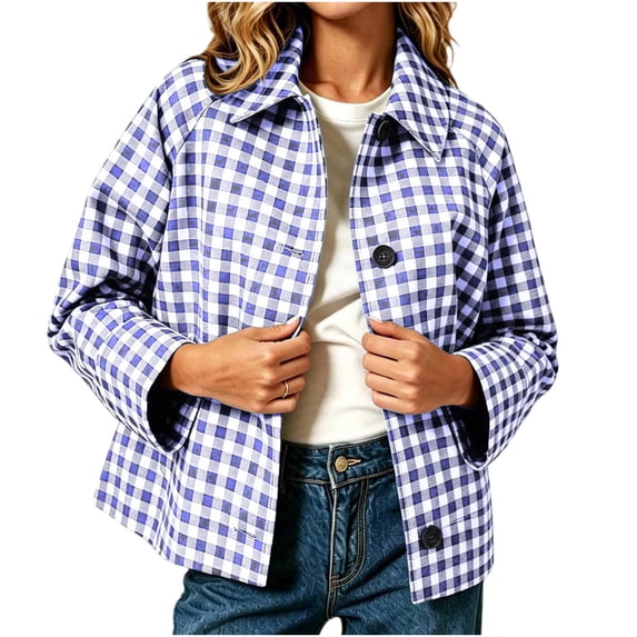 FDGIU Women's Gingham Plaid Cropped Jacket, Long Sleeve Lapel Button Front Casual Outerwear With Side Pockets, Loose Fit Short Coat for Fall Spring