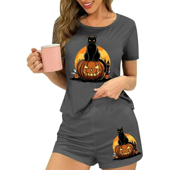 FDGIU Women's Halloween Pajama Set 2025 - Spooky Graphic Print 2-Piece Lounge Wear, Cute Short Sleeve Top & Elastic Waist Shorts, Soft Lightweight Sleepwear