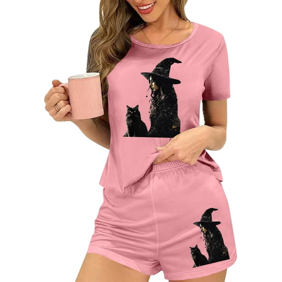 FDGIU Women's Halloween Pajama Set 2025 - Spooky Graphic Print 2-Piece Lounge Wear, Cute Short Sleeve Top & Elastic Waist Shorts, Soft Lightweight Sleepwear