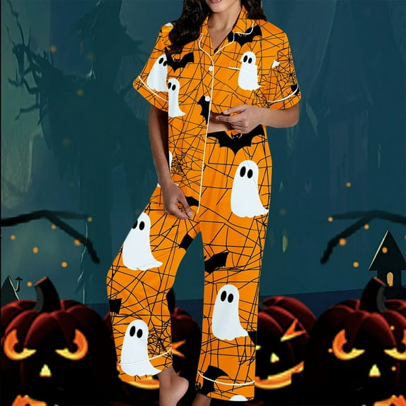 FDGIU Women's Halloween Pajamas Fashion Short Sleeve Turndown Collar Pajama Pockets Halloween Print Pants Elastic Waist Set