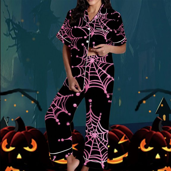 FDGIU Women's Halloween Pajamas Fashion Short Sleeve Turndown Collar Pajama Pockets Halloween Print Pants Elastic Waist Set