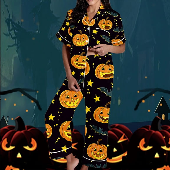 FDGIU Women's Halloween Pajamas Fashion Short Sleeve Turndown Collar Pajama Pockets Halloween Print Pants Elastic Waist Set