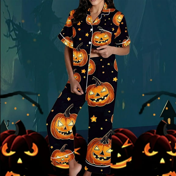 FDGIU Women's Halloween Pajamas Fashion Short Sleeve Turndown Collar Pajama Pockets Halloween Print Pants Elastic Waist Set