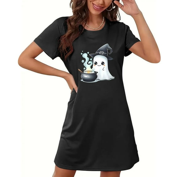 FDGIU Women's Halloween Pajamas Nightgown Short Sleeve Printed Sleepshirt, Soft Breathable Sleepwear Loungewear, Trendy Loose Pajama Dress with Pockets