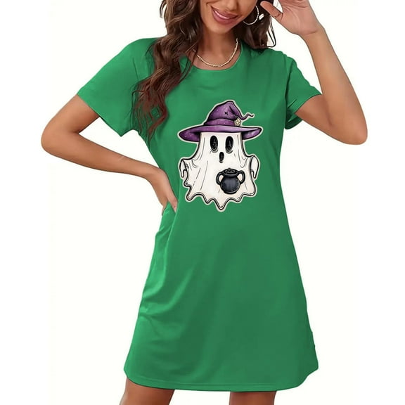 FDGIU Women's Halloween Pajamas Nightgown Short Sleeve Printed Sleepshirt, Soft Breathable Sleepwear Loungewear, Trendy Loose Pajama Dress with Pockets