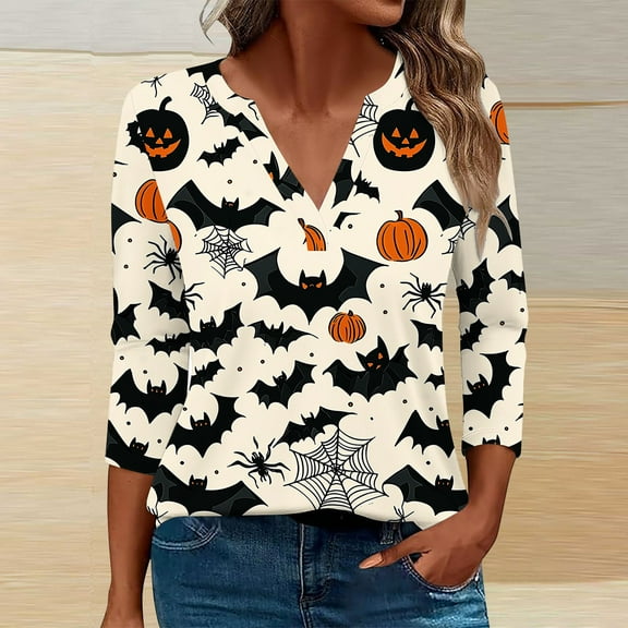FDGIU Women's Halloween Shirts 2025 - Cute Ghost Pumpkin Graphic 3/4 Sleeve Tops, Soft Loose Fit Crewneck, Fall Fashion Casual Pullover for Parties
