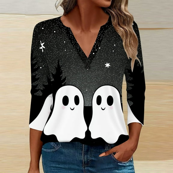 FDGIU Women's Halloween Shirts 2025 - Cute Ghost Pumpkin Graphic 3/4 Sleeve Tops, Soft Loose Fit Crewneck, Fall Fashion Casual Pullover for Parties