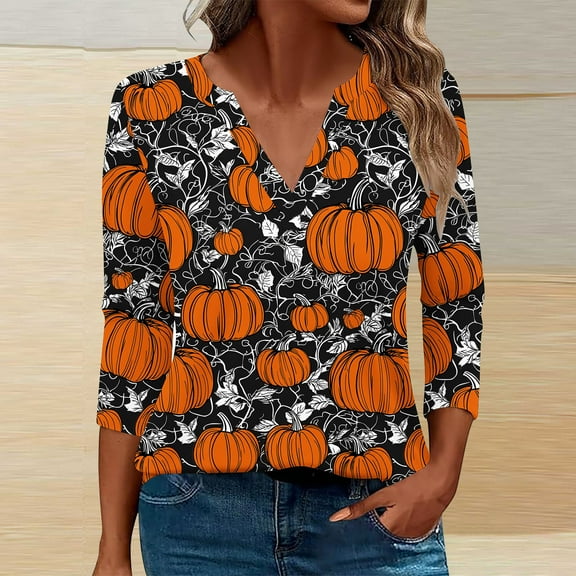FDGIU Women's Halloween Shirts 2025 - Cute Ghost Pumpkin Graphic 3/4 Sleeve Tops, Soft Loose Fit Crewneck, Fall Fashion Casual Pullover for Parties