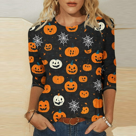 FDGIU Women's Halloween Shirts 2025 - Cute Ghost Pumpkin Graphic 3/4 Sleeve Tops, Soft Loose Fit Crewneck, Fall Fashion Casual Pullover for Parties
