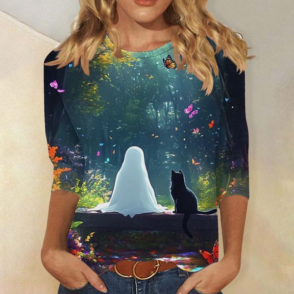 FDGIU Women's Halloween Shirts 2025 - Cute Ghost Pumpkin Graphic 3/4 Sleeve Tops, Soft Loose Fit Crewneck, Fall Fashion Casual Pullover for Parties