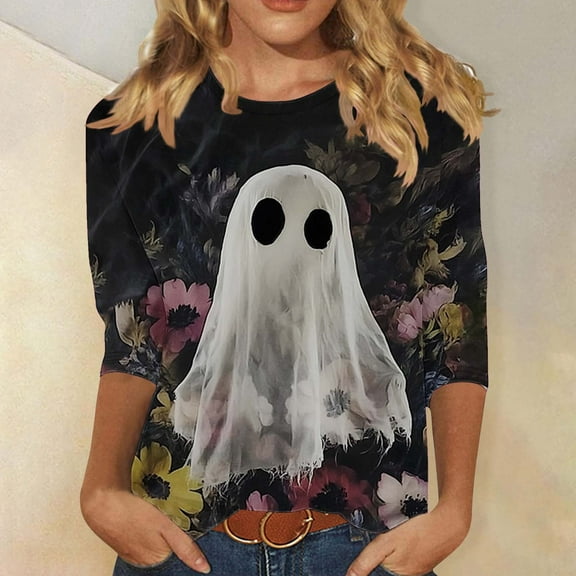 FDGIU Women's Halloween Shirts 2025 - Cute Ghost Pumpkin Graphic 3/4 Sleeve Tops, Soft Loose Fit Crewneck, Fall Fashion Casual Pullover for Parties
