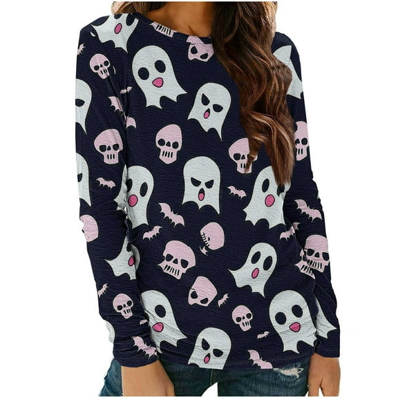 FDGIU Women's Halloween Shirts 2025 - Cute Ghost Pumpkin Graphic Long Sleeve Tops, Soft Loose Fit Crewneck, Fall Fashion Casual Pullover for Parties